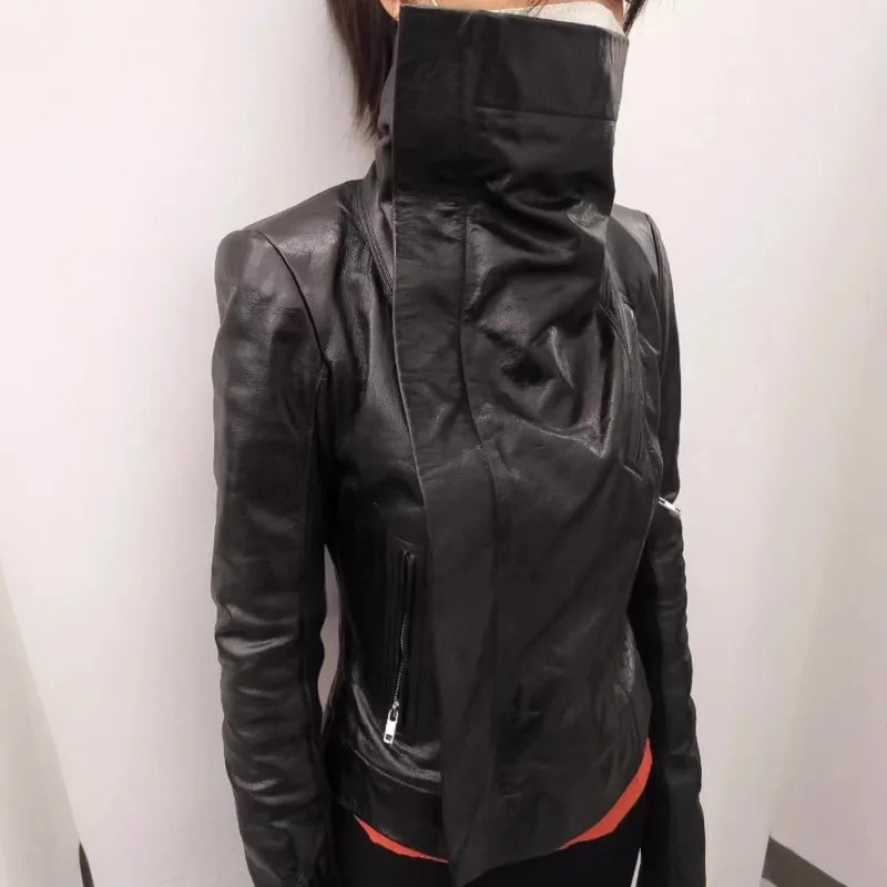 HKSH Spring Autumn New Women's Jacket PU Leather Asymmetric Zipper Pockets Slim Fit Motorcycle Dark Punk Short Coat Chic HK15980
