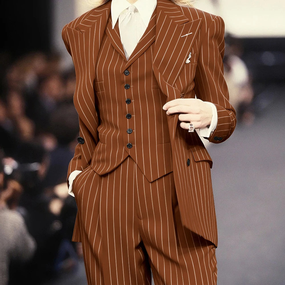 Trending 2025 Brown Striped Women Suit Formal Double-breasted Peaked Lapel 3Pieces (Jacket+Pants+Vest) Business Office Lady Set