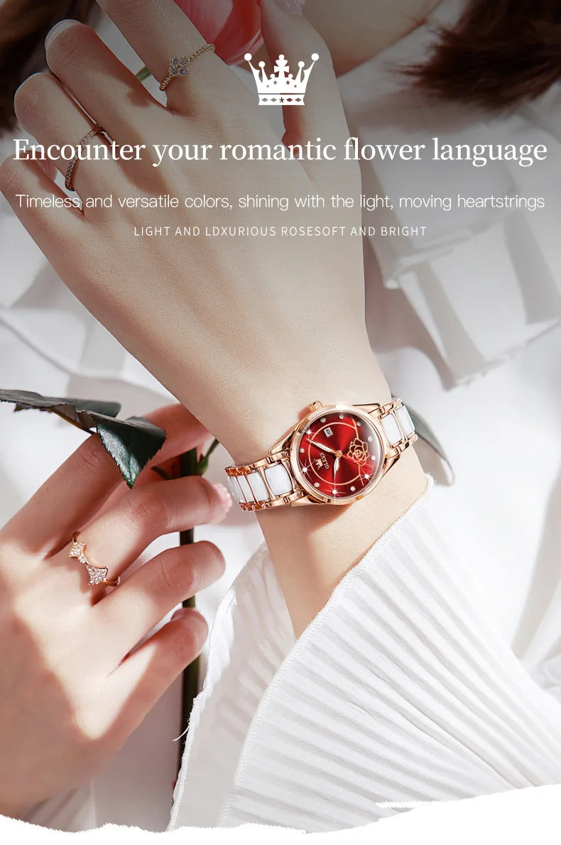 OLEVS 3606 Women's Watch Luxury Quartz Japanese Movement Watch Exquisite Rose Waterproof dial Elegant Ceramic Women's Watch