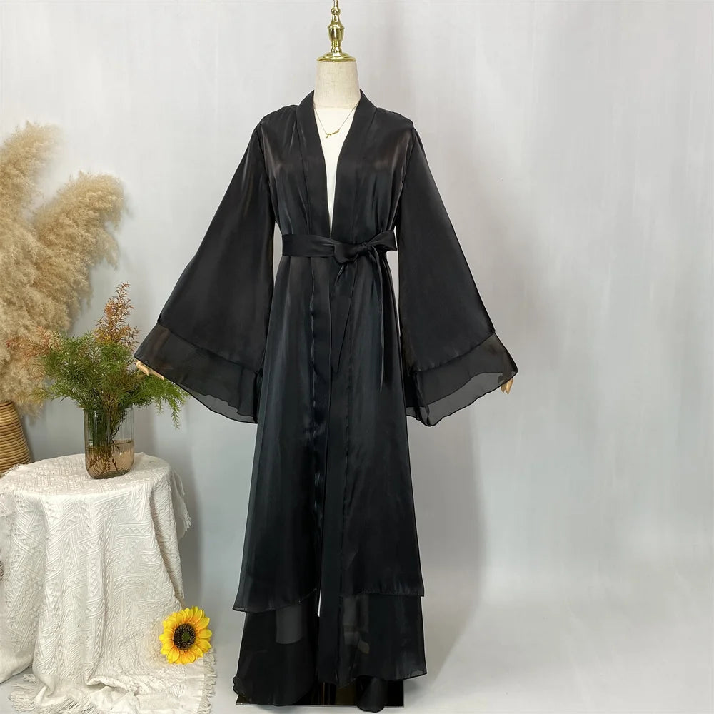 Muslim Women Clothing Abaya Dubai Luxury Shiny Silk Loose Sleeves Islam Modesty Robe Elegant Black Kaftan With Belt Kebaya