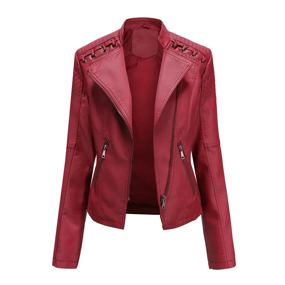 Spring Autumn Short Section Long Sleeve Zipper Jacket Slim Faux Leather Jacket Casual Solid Color Fashion Jacket Loose Outwear