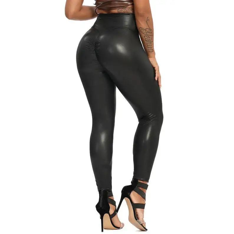 PU Leggings For Women High Waist Butt Push Up PU Stretch Skinny Tights Elastic Shaping Hip Fashion Leather Pants