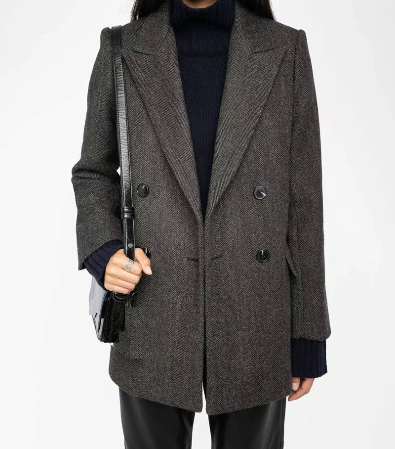 Autumn and winter new wool herringbone tweed blazer, slim fit with a British style, naturally structured texture
