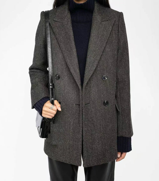 Autumn and winter new wool herringbone tweed blazer, slim fit with a British style, naturally structured texture