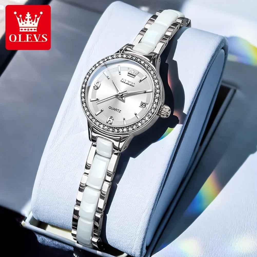 OLEVS Luxury Quartz Watch Women Elegant Ceramics Strap Waterproof Auto Date Luxury Lap Ladies Watches 7093