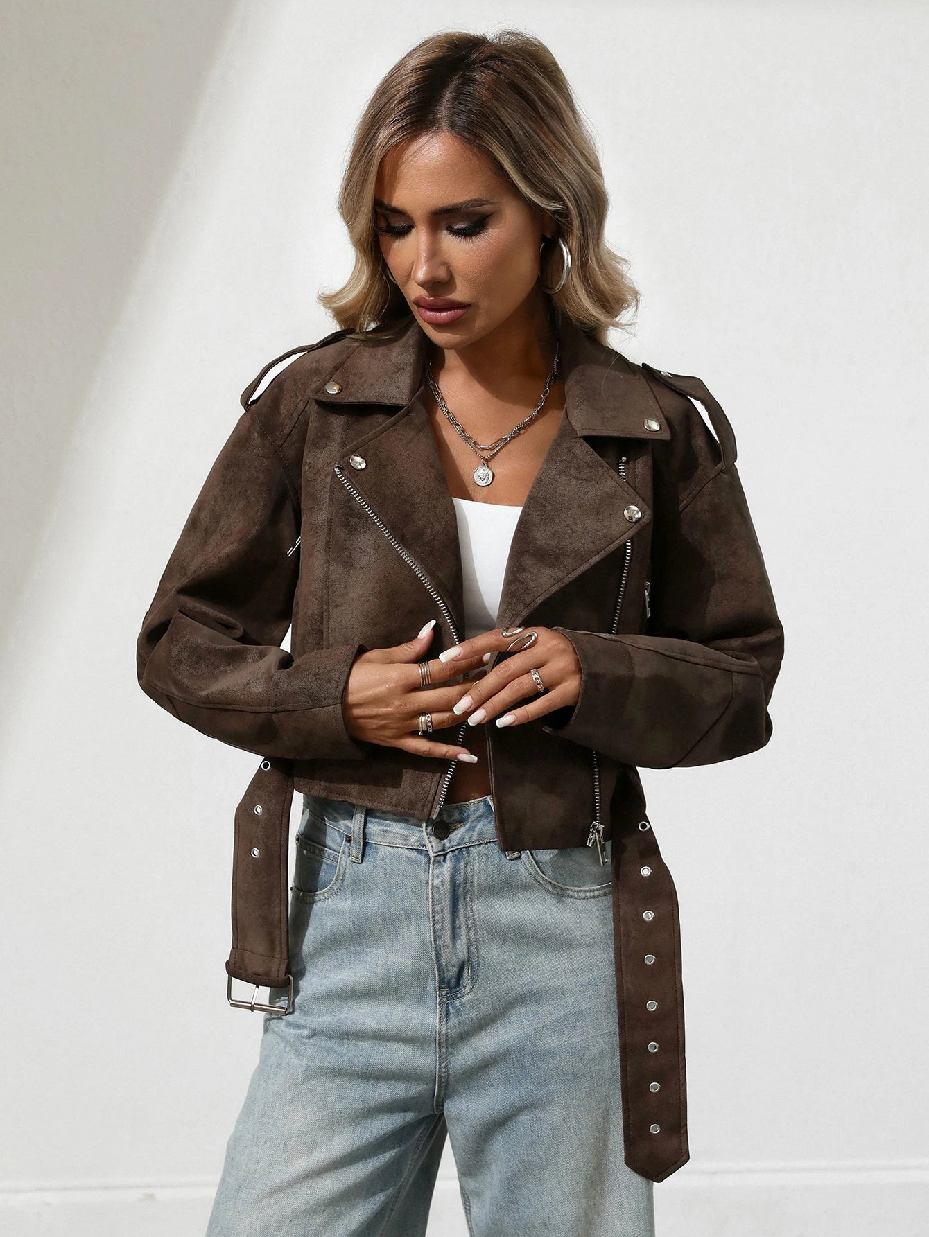 Women Faux Suede Leather Cropped Jacket Vegan Motor Biker Coat Bomber Causal Outwear with Belt