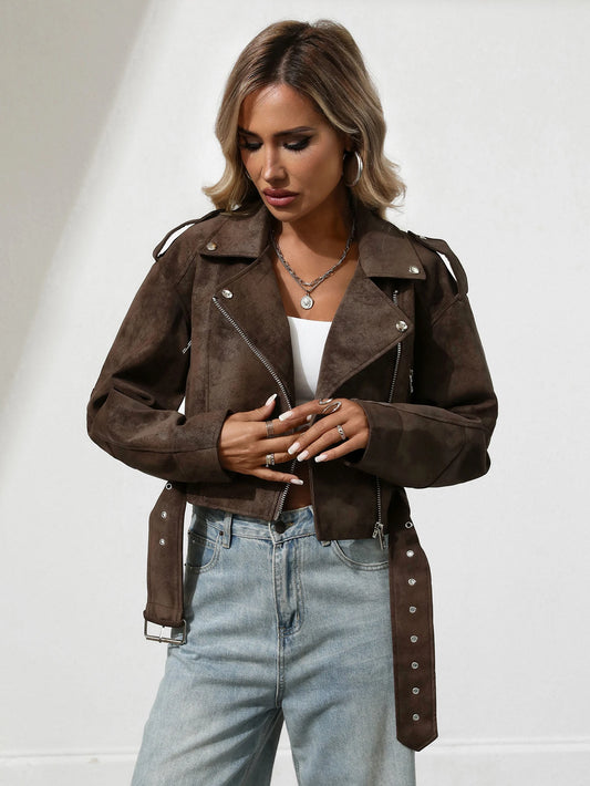 Women Faux Suede Leather Cropped Jacket Vegan Motor Biker Coat Bomber Causal Outwear with Belt