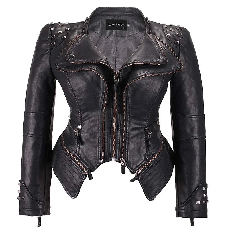 Spring New Style Suit Collar Rivet Waist Short Washed Pu Leather Jacket