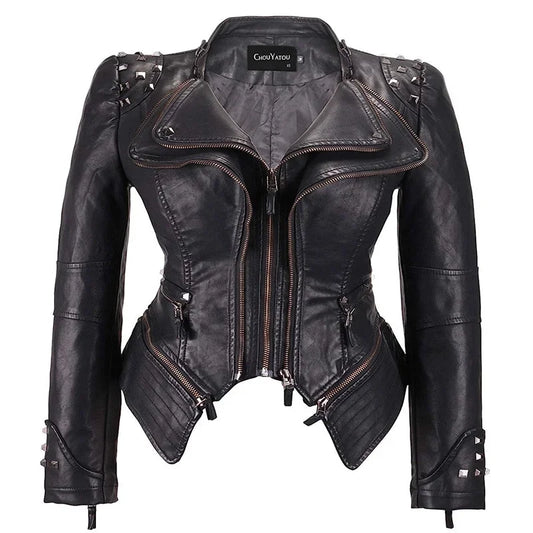 Spring New Style Suit Collar Rivet Waist Short Washed Pu Leather Jacket