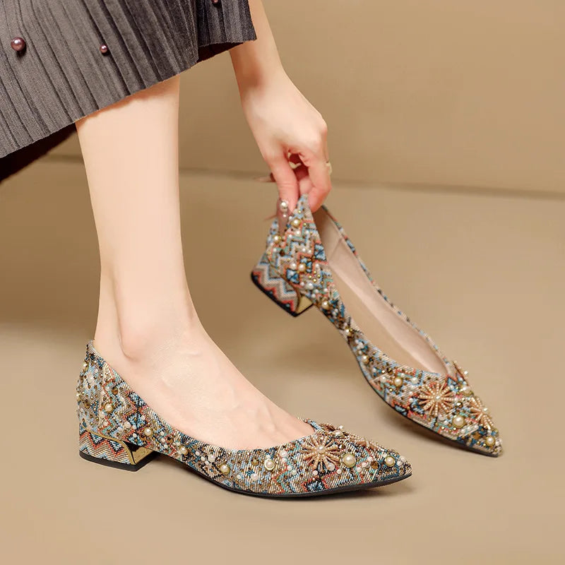 Pointed Toe High Heels for Women 2025 New Ladies Retro Style Rhinestone Decorate Party Dress Pumps Plus Size 34-43 Zapatos Mujer