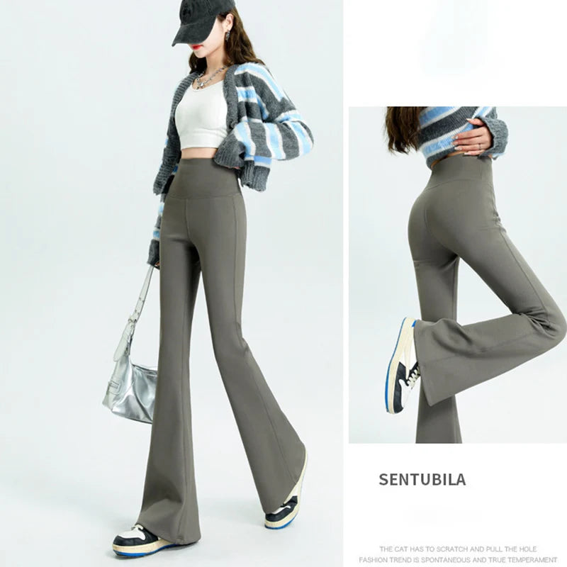 Women Gym Fitness Flared Leggings Waist Cinched Slimming Fleece Yoga Pants Woman Fall Winter Elegant Pilates Dance Casual Pants