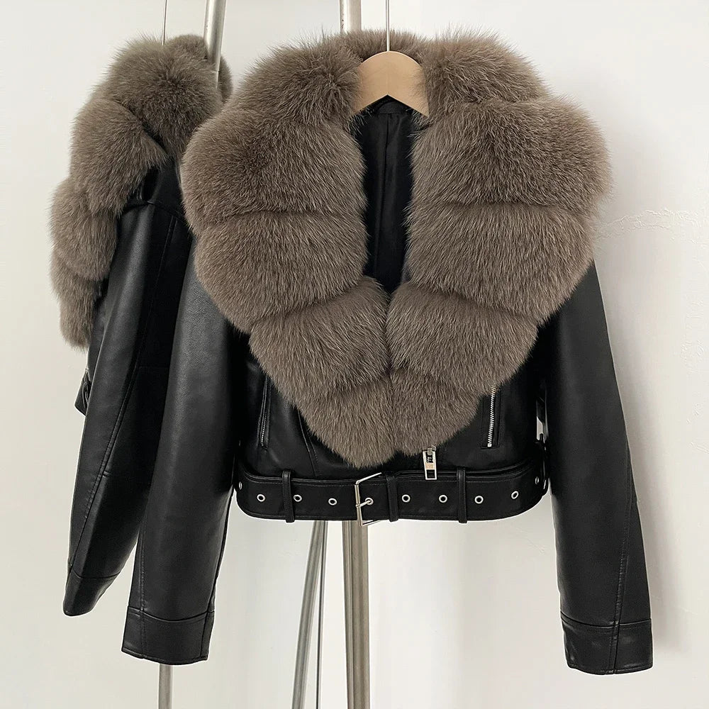 Natural Fox Fur Real Fur Coat Faux PU Leather Jacket Female New Autumn Short Top Clothing Women Long Sleeve Fake Leather Coat