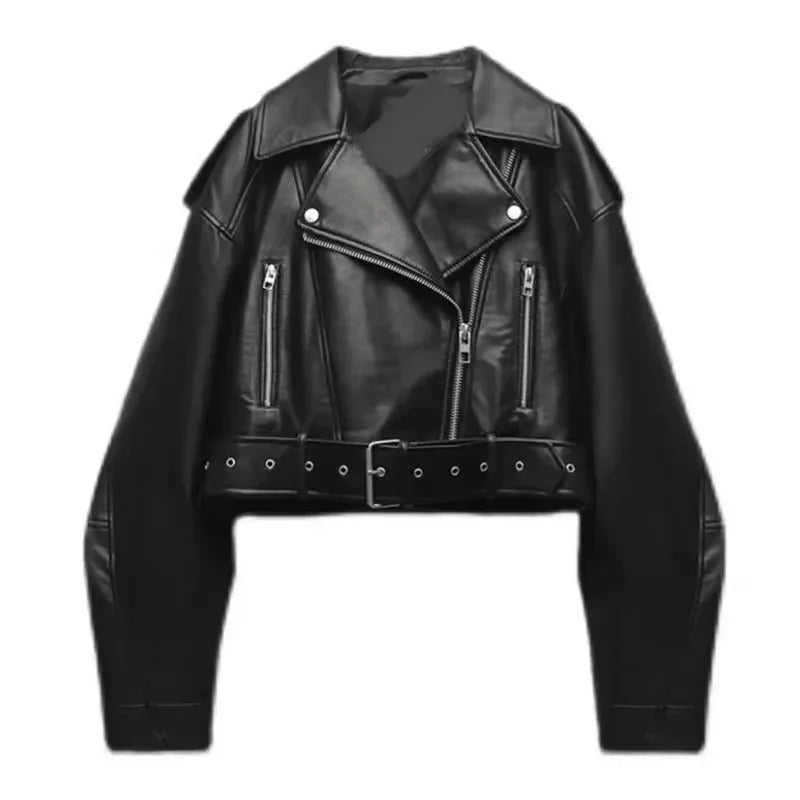 Women Vintage Loose Washed Faux Leather Short Jacket Streetwear Female Zipper Belt Moto Biker Retro Coat Outwear Tops