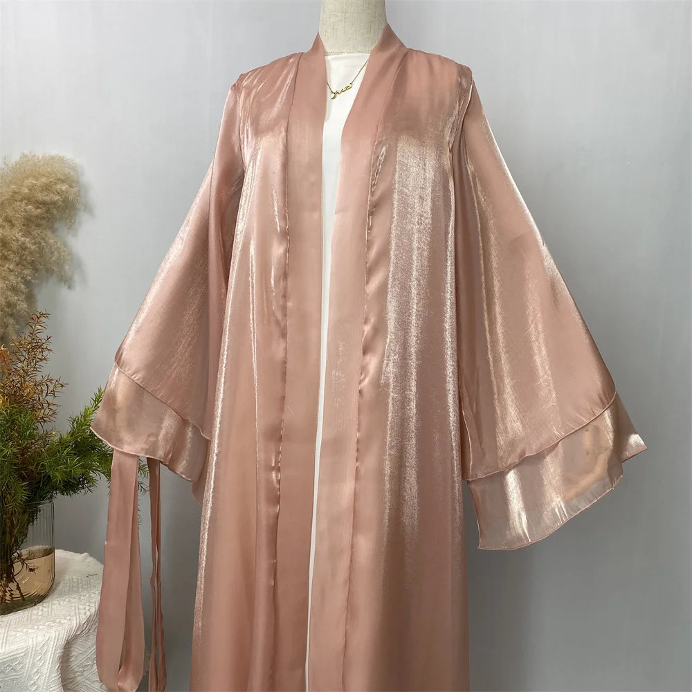 Muslim Women Clothing Abaya Dubai Luxury Shiny Silk Loose Sleeves Islam Modesty Robe Elegant Black Kaftan With Belt Kebaya