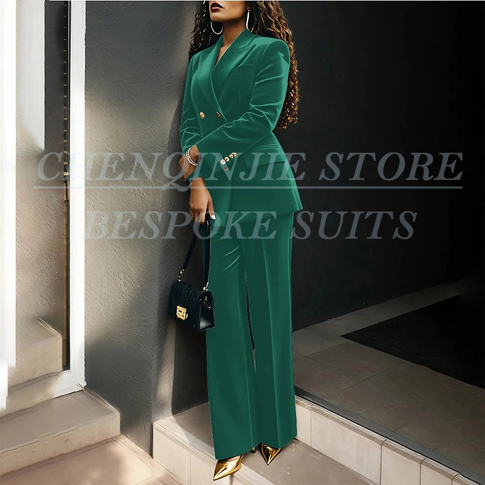 Luxury Green Velvet Women's Suits Fashion Double Breasted Peak Lapel Slim Fit Female Clothing Customzied 2 Piece Jacket Pants