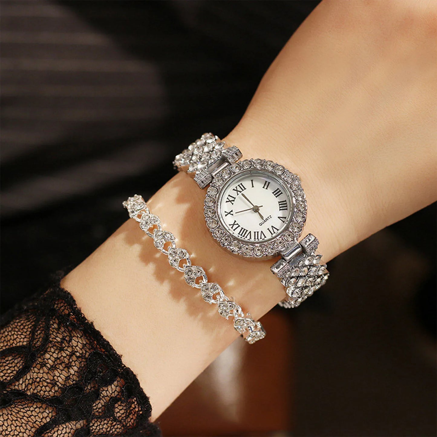 Rose Gold Watch Luxury Rhinestone Fashion Women Ladies Quartz 2pcs Elegant Diamond Wristwatch Female Bracelet Set Gift Watches