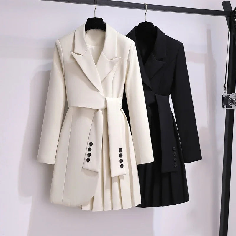 Women 2025 Spring New Fashion Women Clothing Suit Skirt Jacket Belt Waist Slim Suit Women Blazer Long Coat Black Blazers
