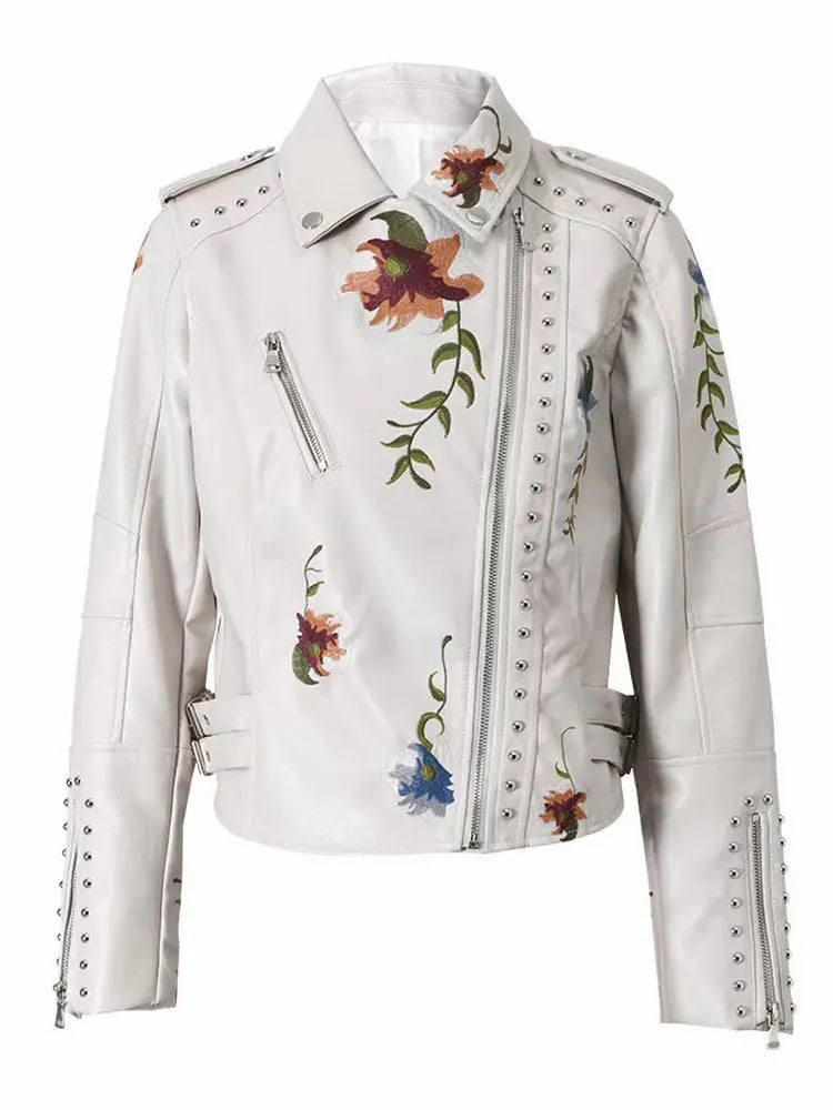 Women's Floral Print Embroidery Faux Leather Jacket  | Faeva London