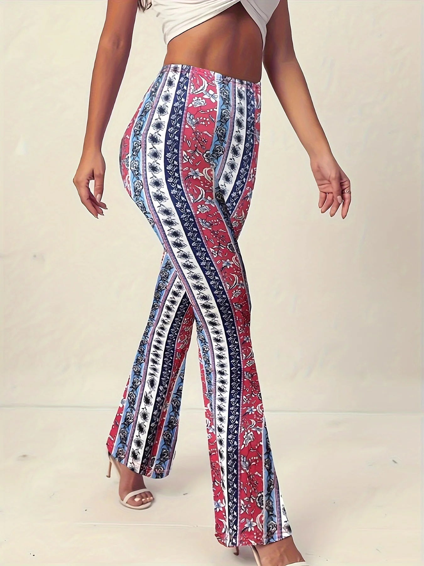 Ladies' Elegant Floral Print Flared Pants Casual Leggings Fashionable Women's Comfortable Trousers