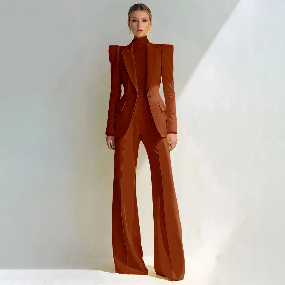 Professional Women's Red Suit Peaked Lapel Single Button Female Elegant Blazer and Flared Pants 2Piece Set Formal Office Wear