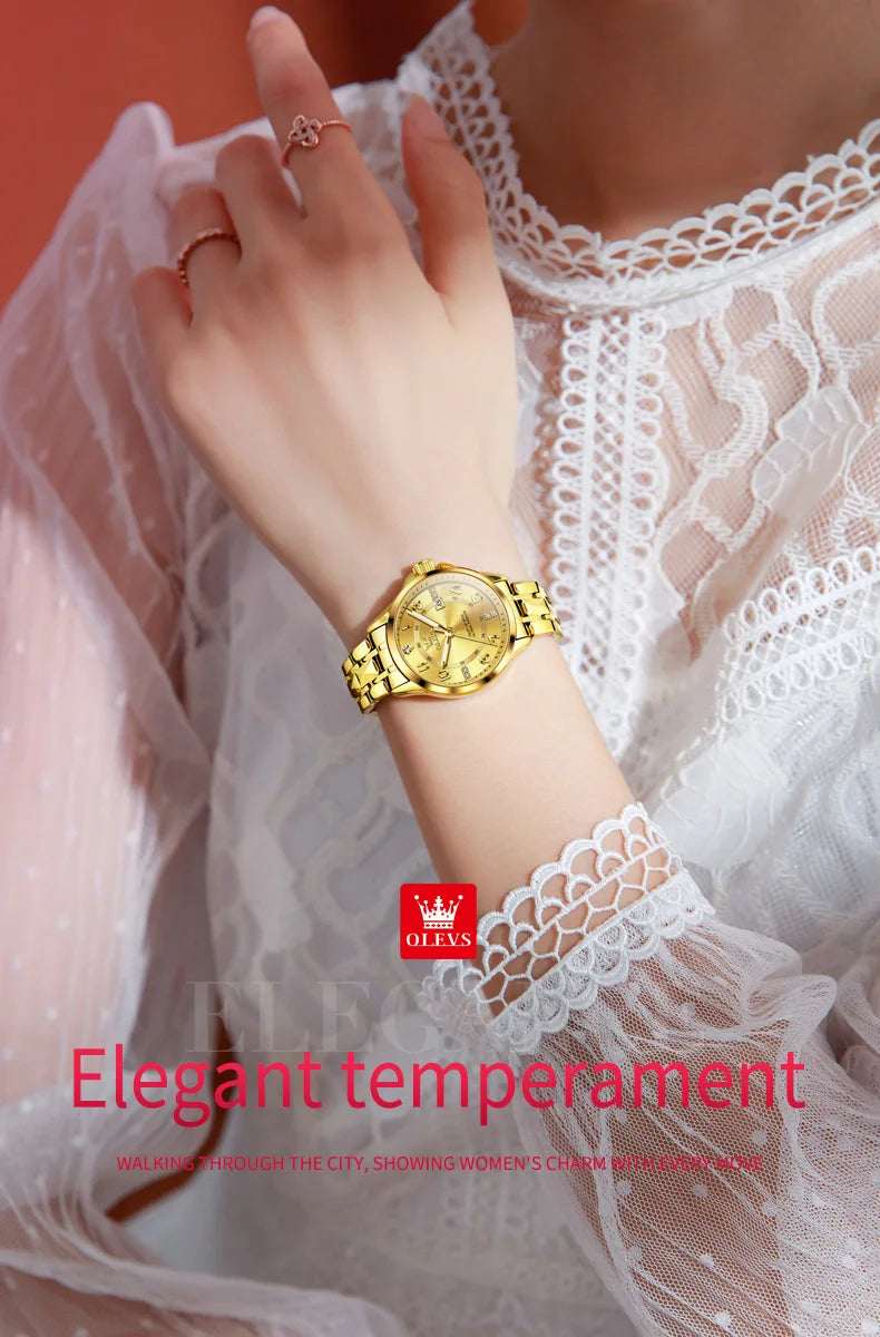 OLEVS 2910 Gold Luxury Brand Women's Watches Waterproof Luminous Wristwatch Date Original Certified Brand Quartz Watch for Lady