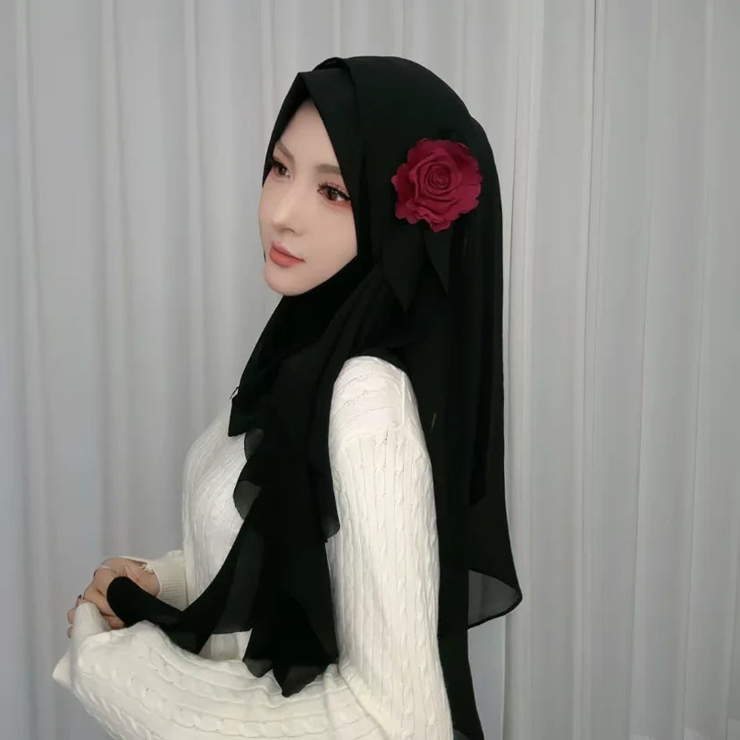 Rose Applique Design Chiffon Muslim Autumn New Female Wraps Hijab