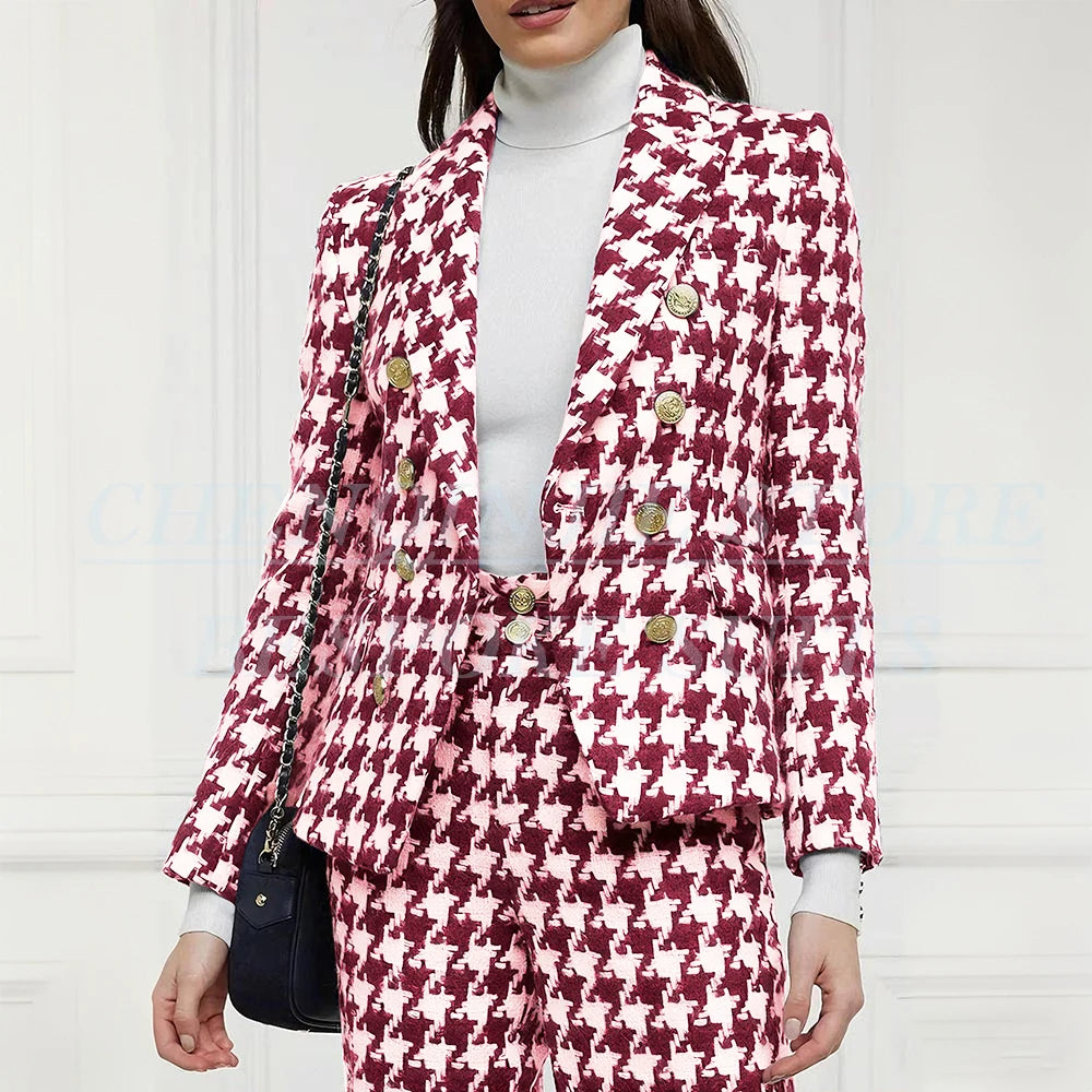 Luxury Double Breasted Women Suits Blazer Peak Lapel Houndstooth Outerwear Elegant Female 2 Piece Jacket Pants Sets Clothing