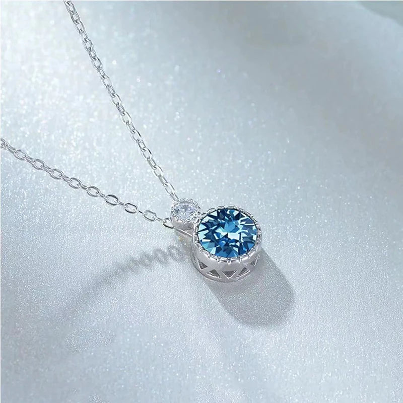 New 925 Sterling Silver Blue Round Necklace Simple Charm Geometric Shape Choker Birthday Gift Women's Fine Jewelry