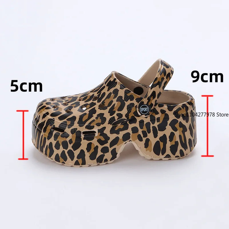 Leopard Thick Bottom Clogs for Women Closed Toe Chunky Platform Sandals Woman Summer 2025 Super High Wedge Heel Slippers Female