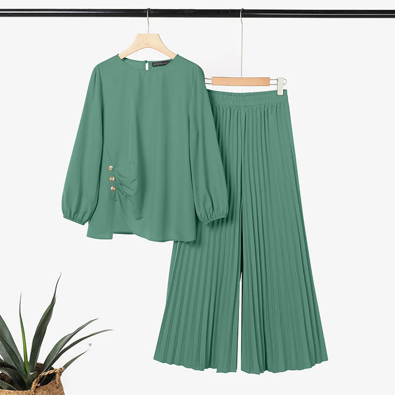 ZANZEA Women 2025 Autumn Matching Sets Casual Long Sleeve Tops Trousers Suit Muslim Outfits 2 Pieces Sets Solid Loose Tracksuit