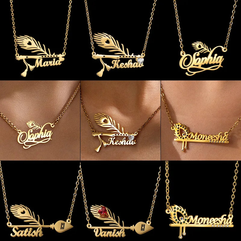 Nextvance Custom Name Necklace Peacock Feather Arrow Pen Pendant For Women Personalized Stainless Steel Nameplate Jewelry Gifts