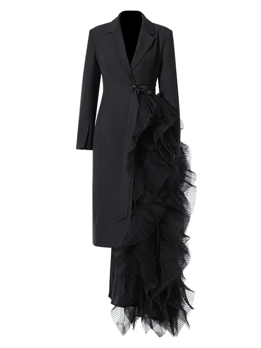 VGH Black Spliced Mesh Party Evening Trench for Women Notched Collar Long Sleeve Ruched Designer Slimming Coats Female Fashion