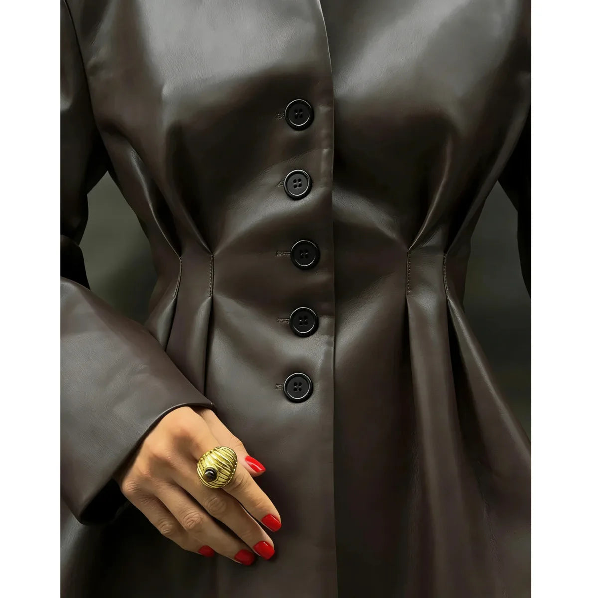 KT Black buttons 2026 New Women's Dark Brown Leather Stand Collar Belted  Blazer Office Formal Chic  Suit Jacket Autumn