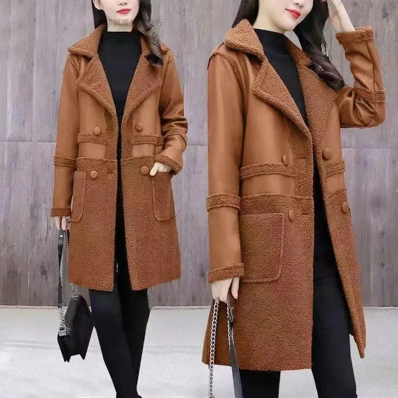Large Size Jacket Women's New Two-Sided Fur Coat Autumn Winter 2025 Lambswool Outerwear Long Padded Overcoat Ladies Leather Tops