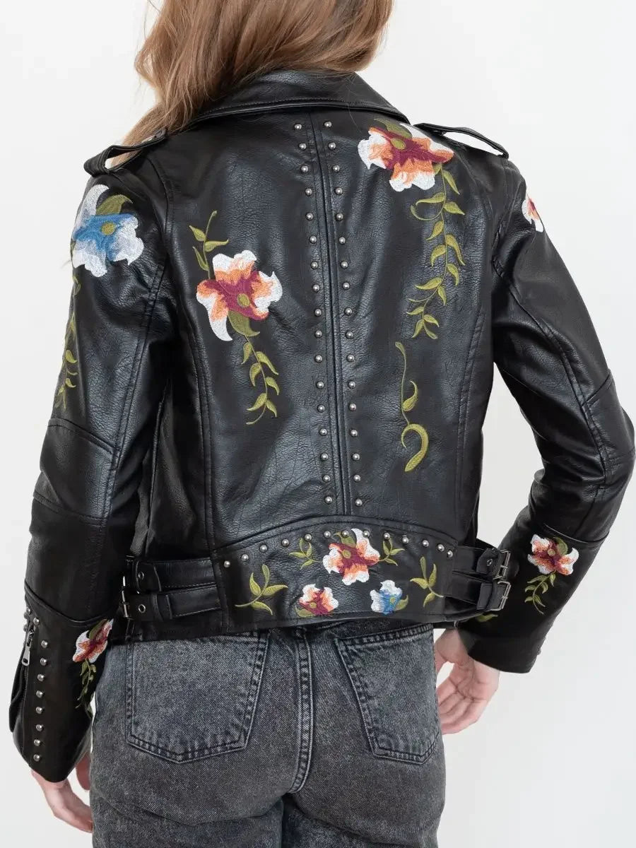 Women's Floral Print Embroidery Faux Leather Jacket  | Faeva London