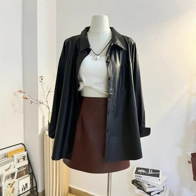 Retro black washed leather shirt jacket for women's 2024 autumn and winter design, loose Hong Kong style casual temperament top