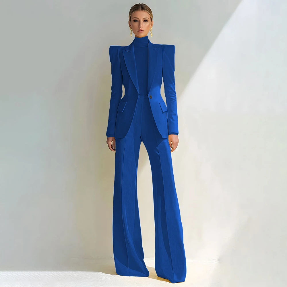 Professional Women's Red Suit Peaked Lapel Single Button Female Elegant Blazer and Flared Pants 2Piece Set Formal Office Wear