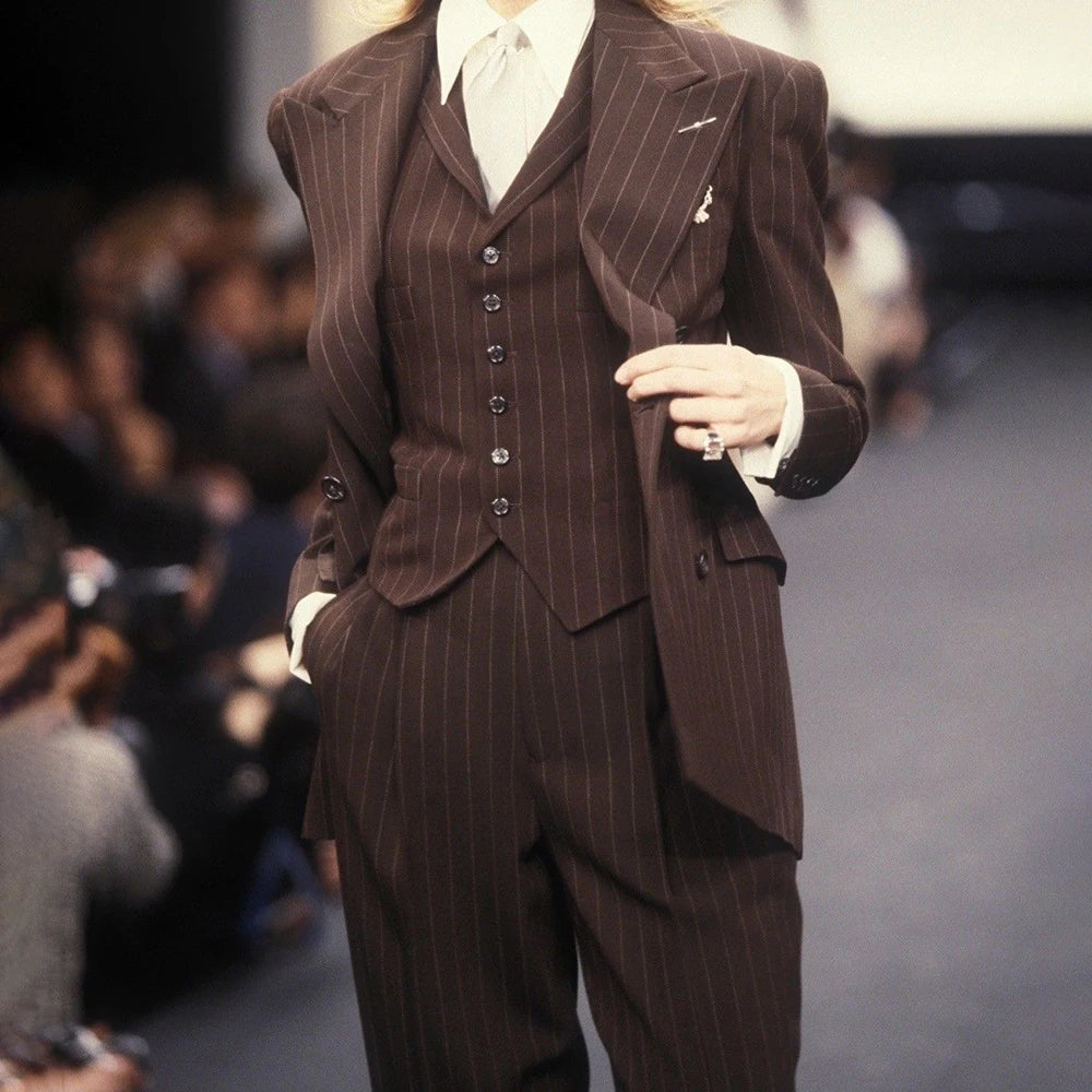 Trending 2025 Brown Striped Women Suit Formal Double-breasted Peaked Lapel 3Pieces (Jacket+Pants+Vest) Business Office Lady Set