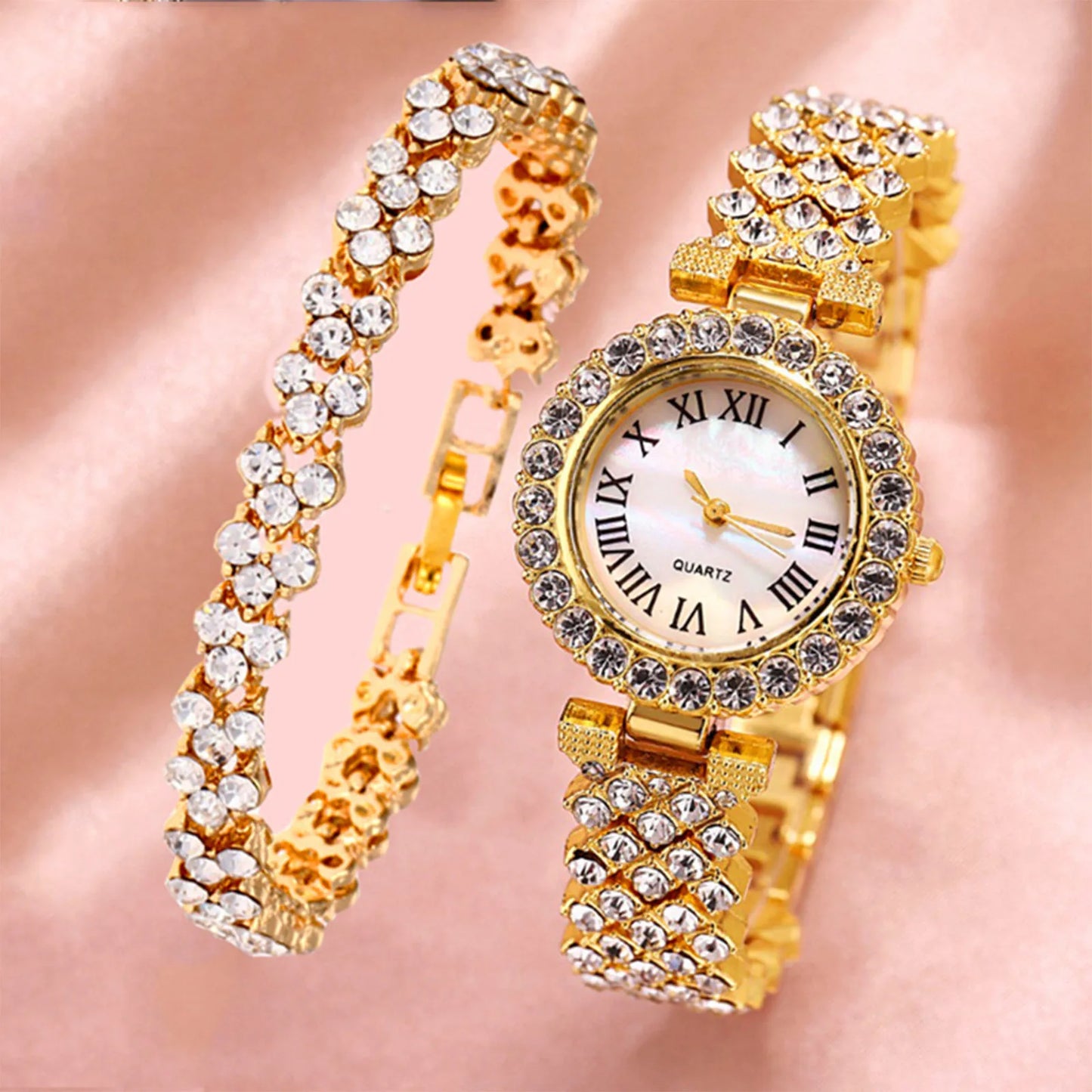 Rose Gold Watch Luxury Rhinestone Fashion Women Ladies Quartz 2pcs Elegant Diamond Wristwatch Female Bracelet Set Gift Watches