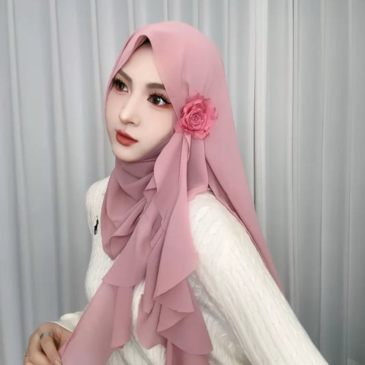 Rose Applique Design Chiffon Muslim Autumn New Female Wraps Hijab