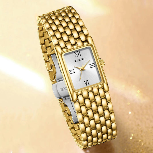 LIGE Watch Women Fashion Casual Luxury Womens Waterproof Square Dial Steel Belt Quartz Wrist Watches Christmas Gifts Reloj Mujer
