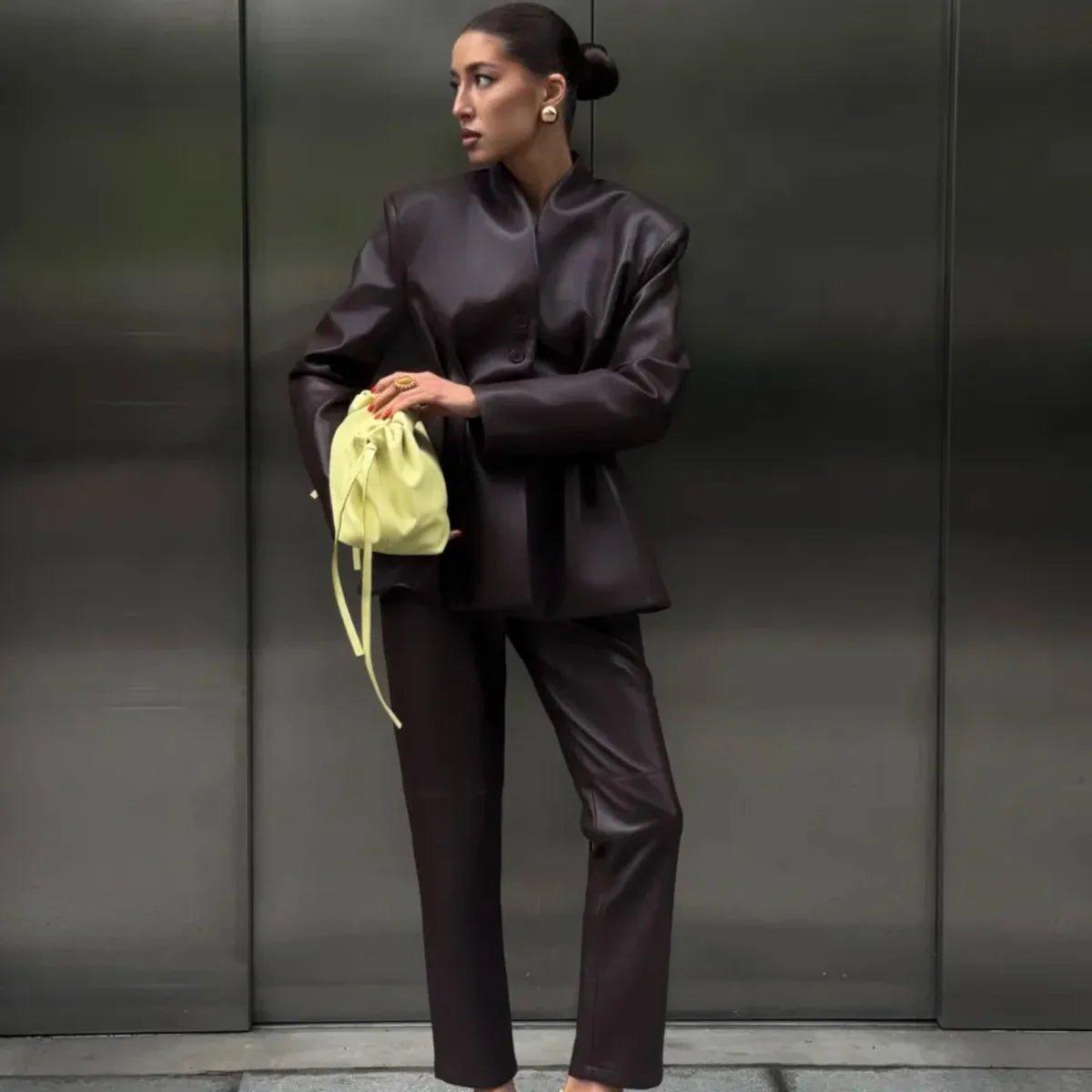 KT Black buttons 2026 New Women's Dark Brown Leather Stand Collar Belted  Blazer Office Formal Chic  Suit Jacket Autumn