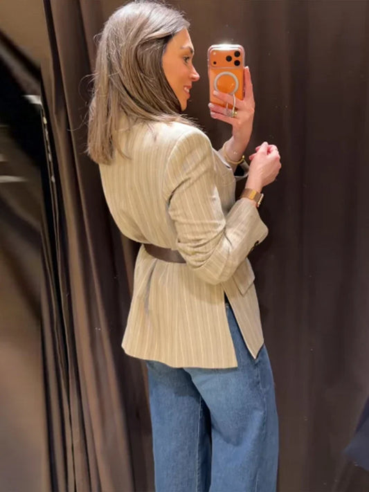 Women's Striped Blazer Belted Single Breasted Long Sleeve Lapel Neck Coat 2026 Female Casual Daily Commute Office Fashion Jacket