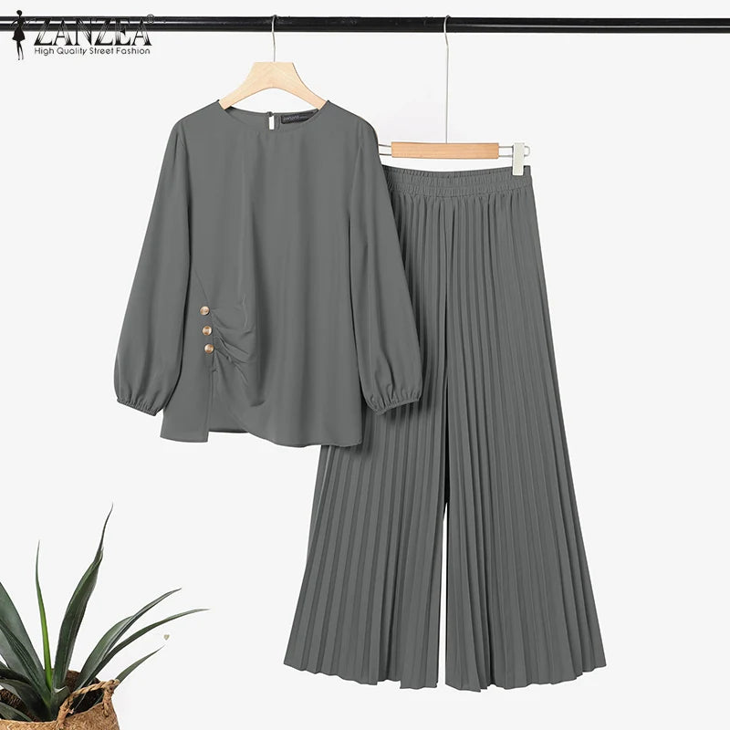 ZANZEA Women 2025 Autumn Matching Sets Casual Long Sleeve Tops Trousers Suit Muslim Outfits 2 Pieces Sets Solid Loose Tracksuit