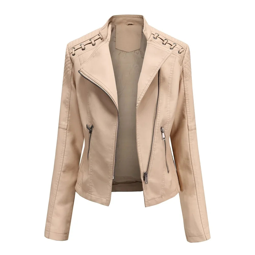 Spring Autumn Short Section Long Sleeve Zipper Jacket Slim Faux Leather Jacket Casual Solid Color Fashion Jacket Loose Outwear