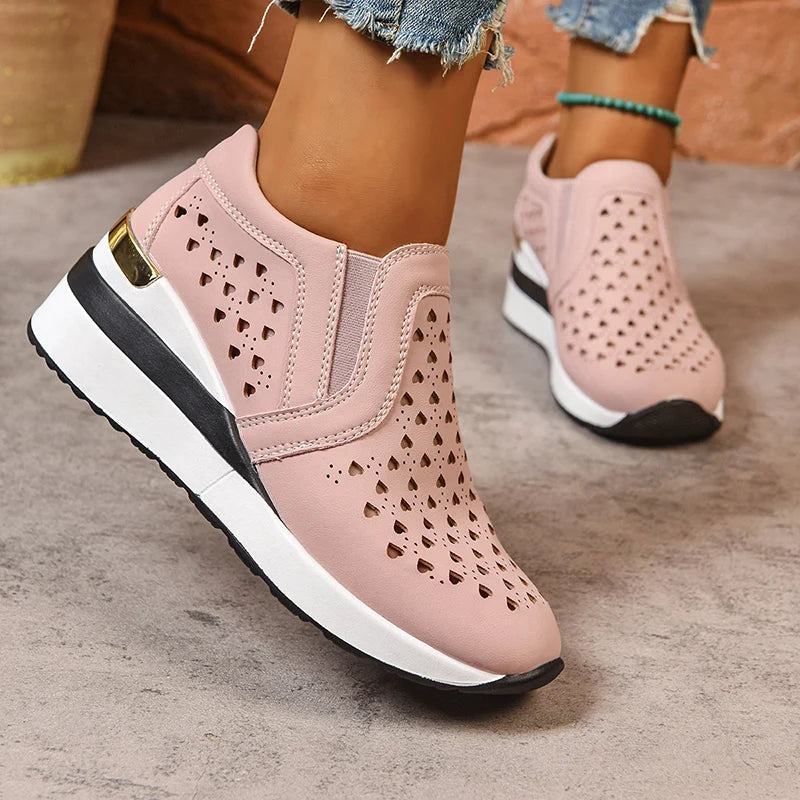 Hollow Out Breathable Wedge Sneakers for Women Lightweight Non Slip Vulcanize Shoes Woman Plus Size Comfort Slip On Casual Shoes