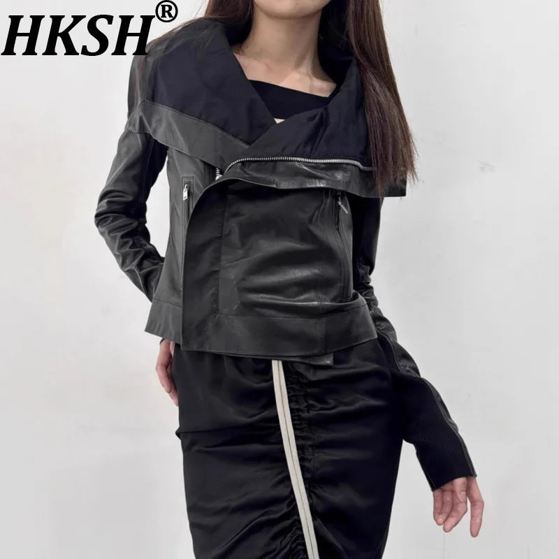 HKSH Spring Autumn New Women's Jacket PU Leather Asymmetric Zipper Pockets Slim Fit Motorcycle Dark Punk Short Coat Chic HK15980