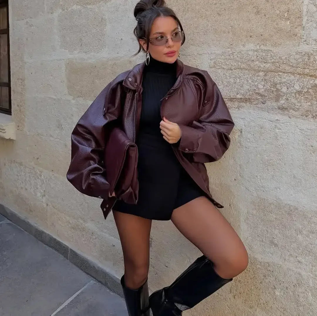 Fashion Stand Collar Leather Jacket Women Solid Long Sleeve Lapel Zipper Loose Bomber Coat 2026 Lady Spring Autumn Outerwear