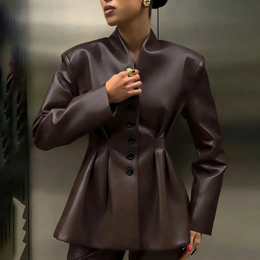 KT Black buttons 2026 New Women's Dark Brown Leather Stand Collar Belted  Blazer Office Formal Chic  Suit Jacket Autumn