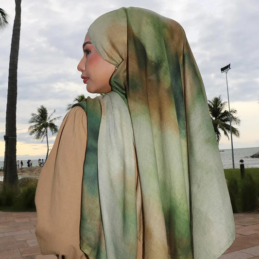 Gradient Green Watercolour Floral Printed Modal Breathable Light Weight Soft Cotton Rayon Viscose Woven Modal Muslim Women Shawl